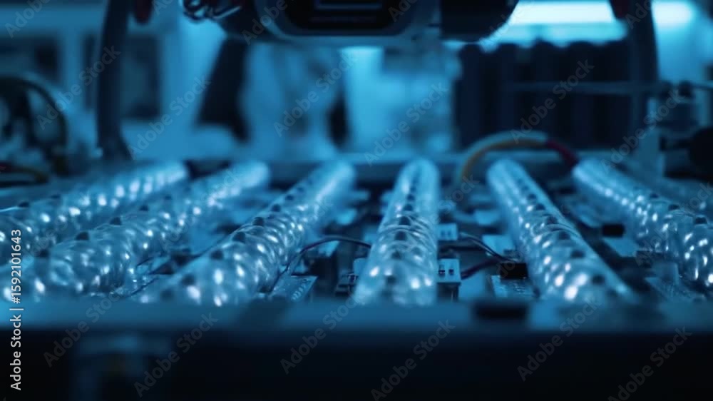 Examining Electronic Component Array with Blue Illumination Detail Examining Electronic Component Array with Blue Illumination Detail