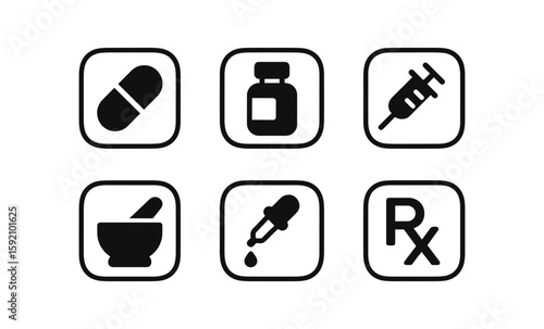 Medical icons set: capsule, syringe, rx, and more in minimalist design