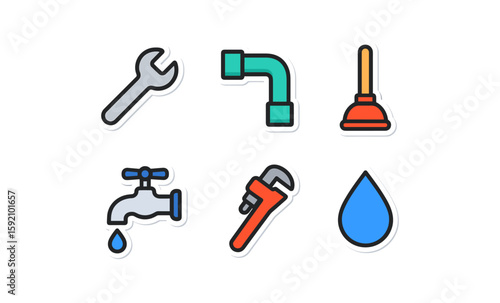 Essential plumbing tools and symbols set with colorful outline design