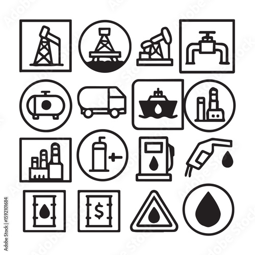 Industrial Engineering Style Black & White Icons for Oil & Gas Sector