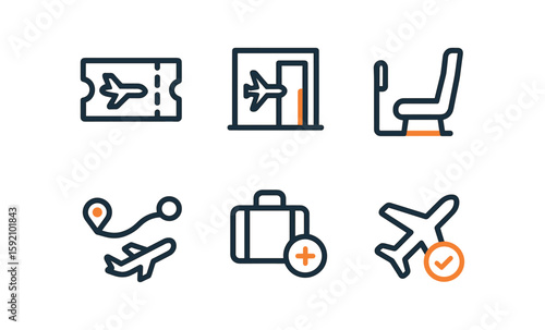 Travel icons: ticket, gate, seat, flight route, luggage, plane