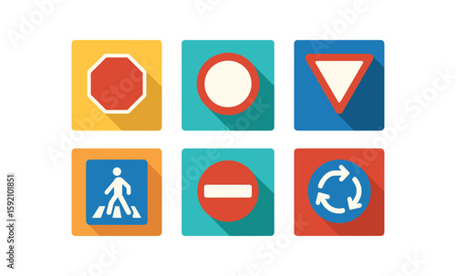 Set of flat traffic signs with long shadows on colorful squares