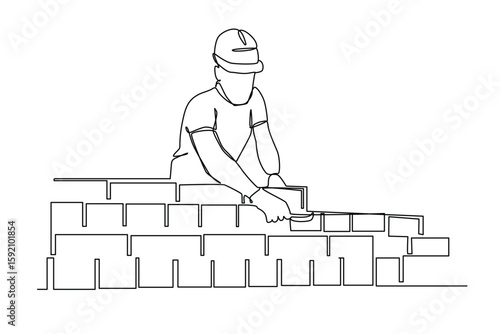 Continuous one line art of repairman building brick wall. Construction worker in uniform and helmet doing work.