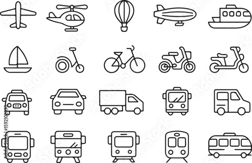 Collection of various transportation icons outlines featuring air land and water vehicles in minimal style