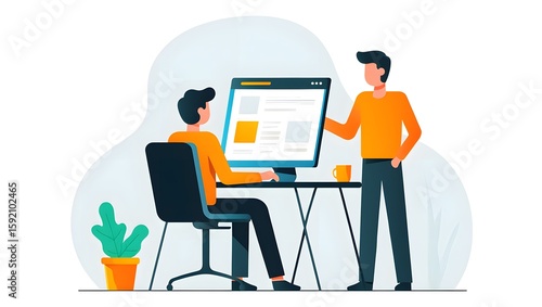 Illustration of business team working on computer project collaboration teamwork