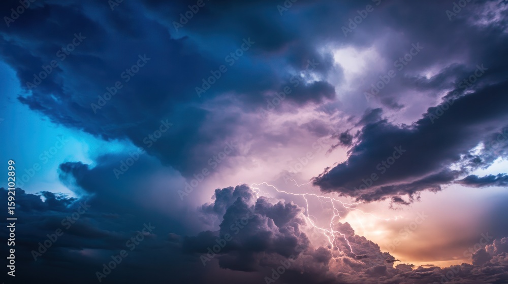 Naklejka premium Dramatic Storm: The awe-inspiring image captures a powerful display of nature's forces, with dark, billowing clouds and a vivid flash of lightning illuminating the scene.