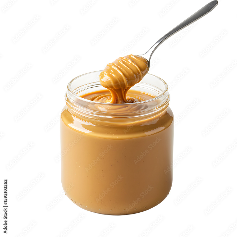 Scooping Smooth Peanut Butter from Glass Jar with Metal Spoon Scooping Smooth Peanut Butter from Glass Jar with Metal Spoon
