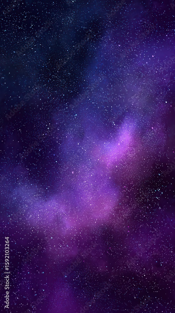 Obraz premium A vertical starry night sky with a smooth gradient from deep purple to dark blue, filled with tiny sparkling stars and a soft glowing purple nebula drifting through the center.