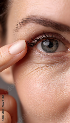 Close-up of woman pointing to eye wrinkles for skincare concept   -