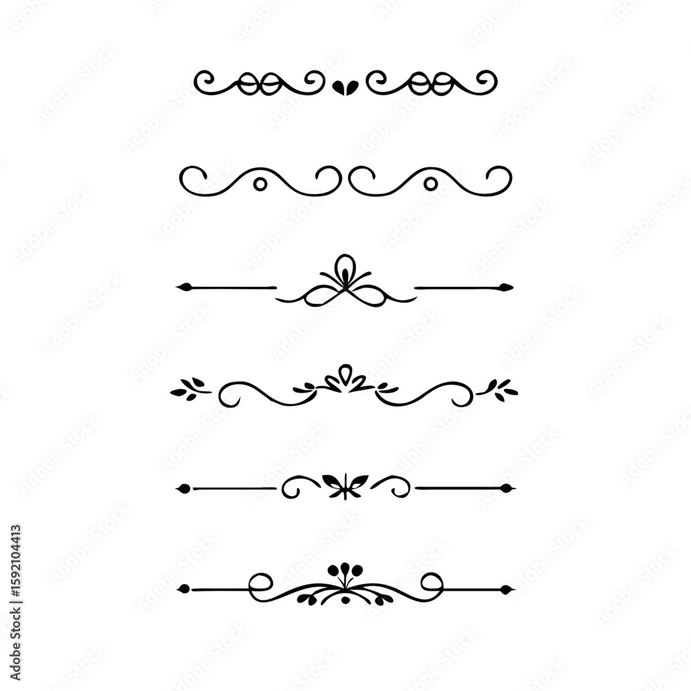 Obraz premium Decorative simple divider. Text dividers retro minimal line separators, Vector isolated geometric wedding card heart separator elements set. Text dividers. . Hand drawn vector illustration. 