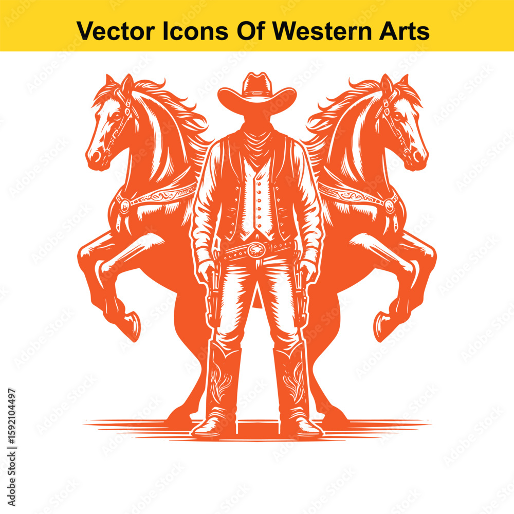 Fototapeta premium Cowboy with Two Rearing Horses – Black and White Western Vector Illustration