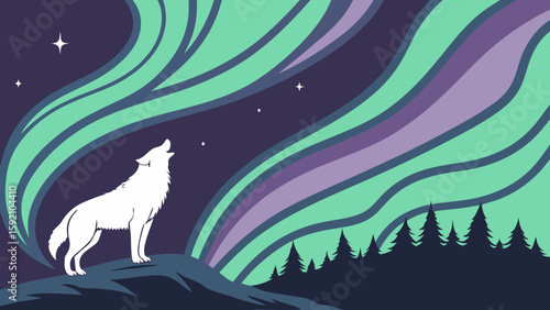 
Majestic Arctic Wolf Howling at Vibrant Aurora Borealis, Night Sky, Minimalist Vector Illustration