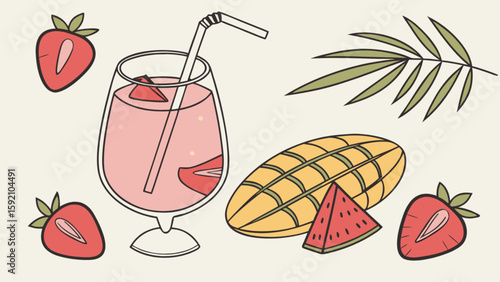 Summer fruit cocktail drink with strawberry mango and watermelon vector illustration design art 100