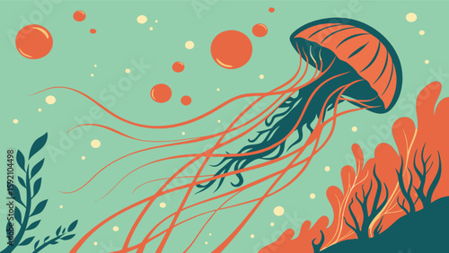 Explore the depths: jellyfish illustration with coral reef and bubbles for marine life enthusiasts