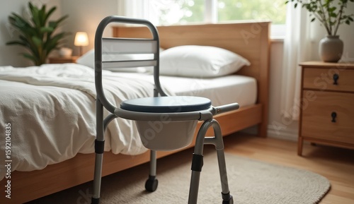 A commode chair positioned in a bedroom setting with a bed and bedside table in the background