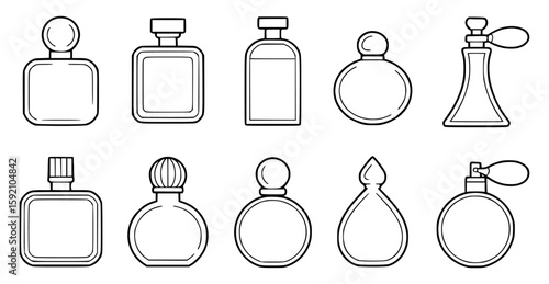 Elegant outline collection of perfume bottles in various decorative shapes
