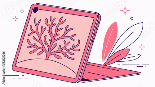 Pink tablet with coral reef wallpaper digital device computer screen technology vector illustration design
