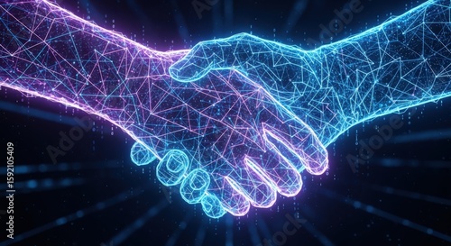 Digital handshake representing partnership, agreement, and technology collaboration concept.
