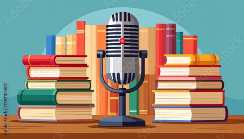 Wallpaper Mural Retro microphone amidst books on a table Torontodigital.ca