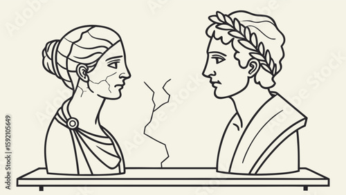 Ancient greek statue busts of a couple facing each other with a crack between them drawing art 100