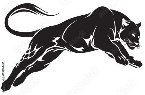 Leaping Black Panther: Dynamic silhouette of a sleek, powerful black panther in mid-leap, showcasing agility and strength against a clean backdrop. 