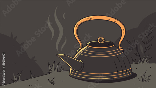 Vintage black tea kettle with steam illustration for tea lovers and antique kitchenware collectors alike