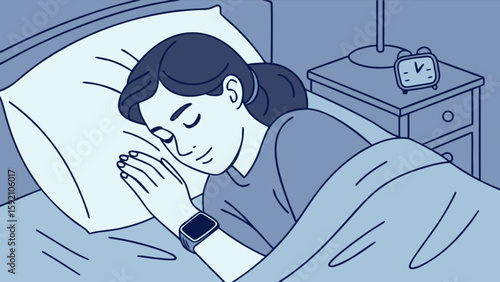 Woman sleeping well in bed with sleep tracker and alarm clock for healthy sleep habits and wellness routine