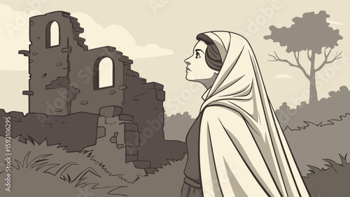 Woman in headscarf looking at old ruin building in countryside landscape vector illustration art design