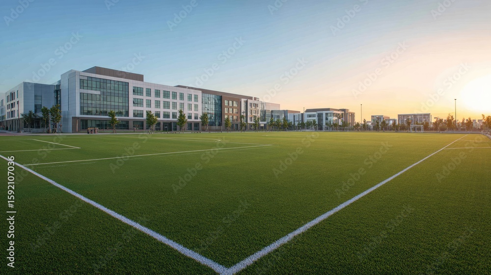 Fototapeta premium Wide shot of a modern campus with a soccer field at sunrise