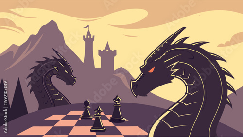 Dragons playing chess game strategy illustration fantasy art board game competition adventure scene concept