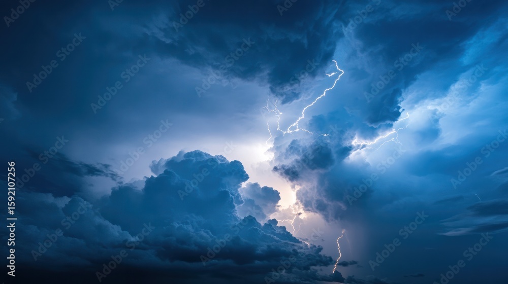 Naklejka premium Sky Fury: A mesmerizing display of raw power, showcasing a vivid lightning bolt piercing through a turbulent, dramatic sky, illuminating the ominous clouds