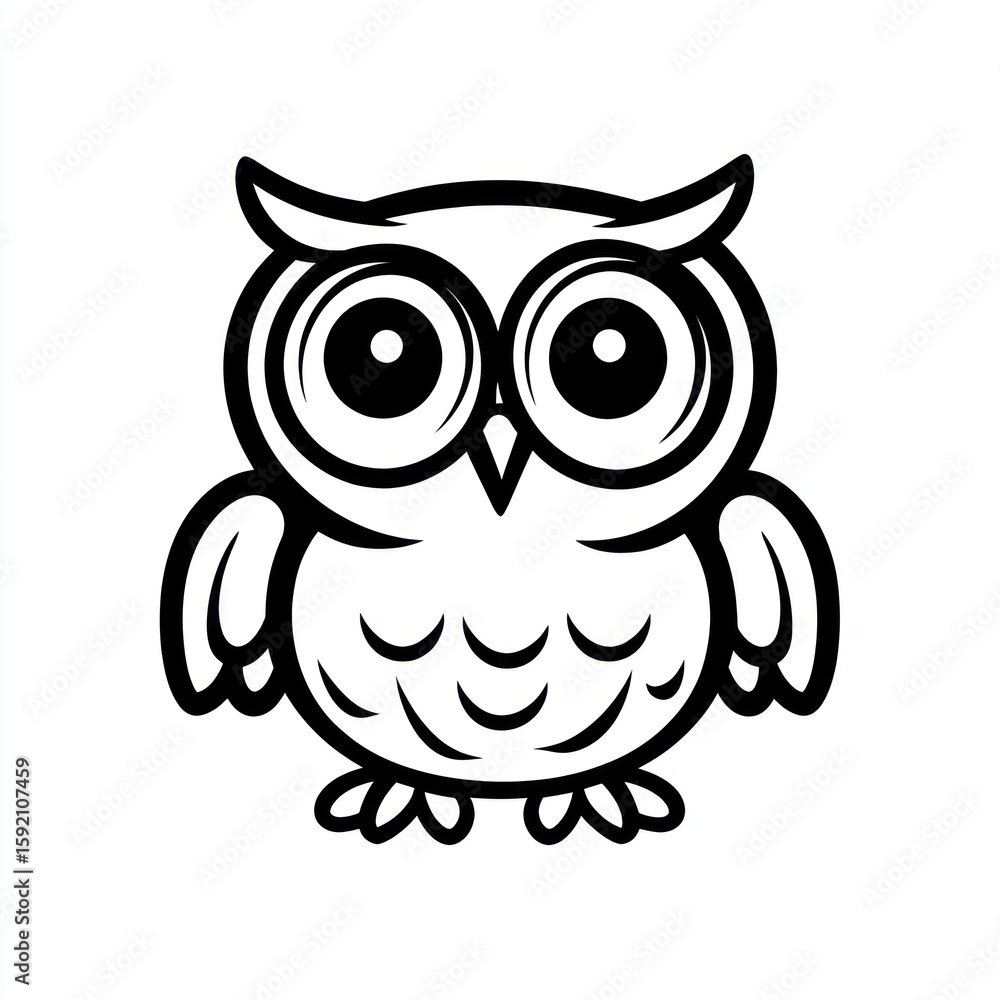 Fototapeta premium Cute cartoon owl. Simple black and white line drawing