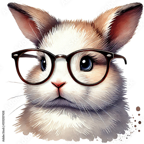 A cute rabbit wearing glasses, with a fluffy fur coat and big expressive eyes, set against a white isolated background.