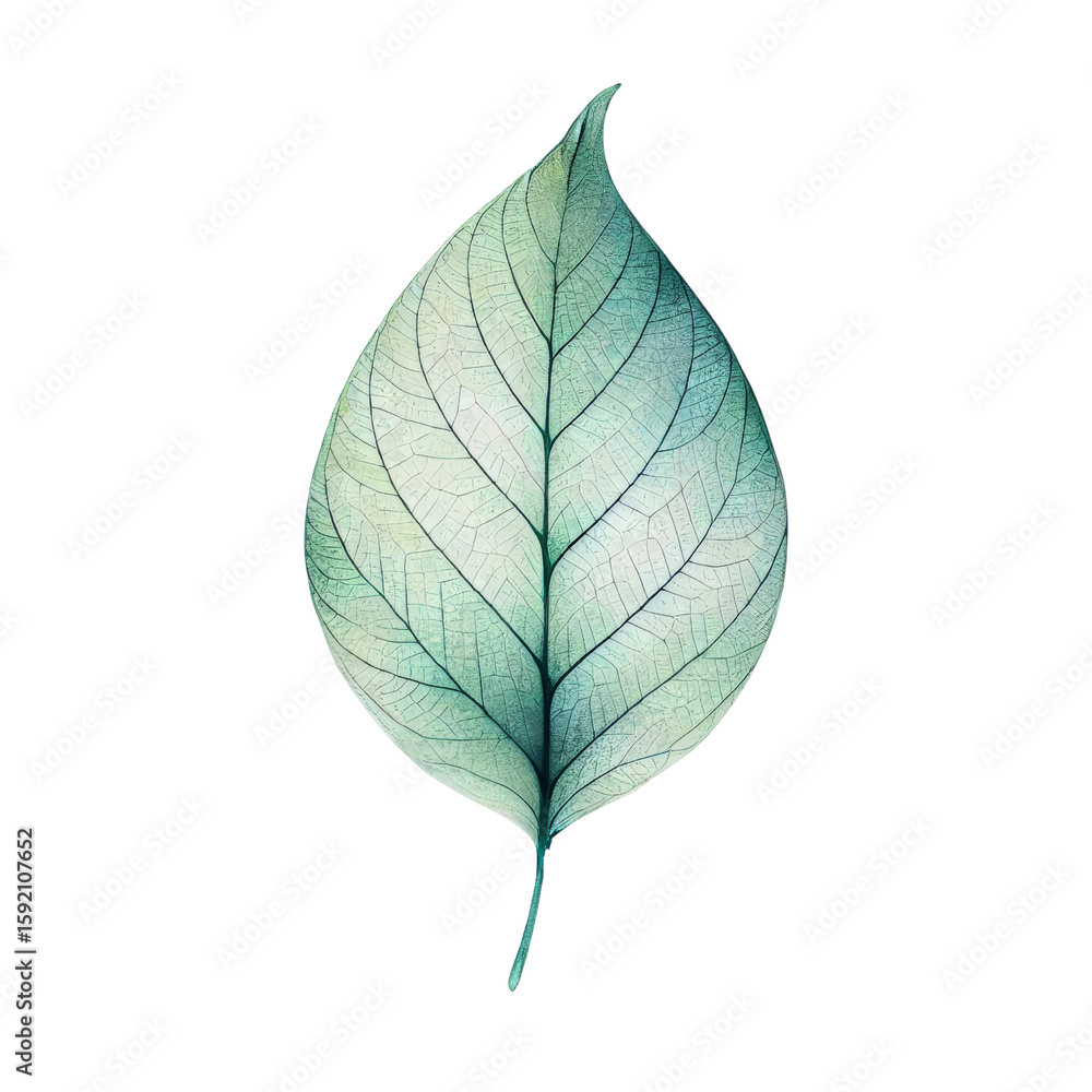 Obraz premium A delicate green leaf with intricate vein patterns, isolated on a white background.