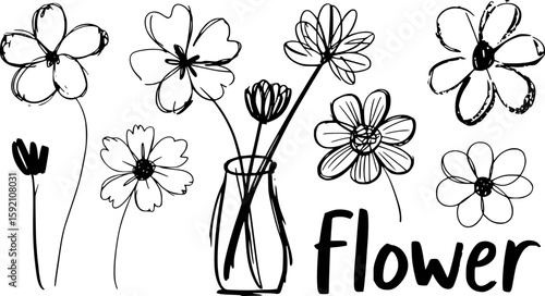 Hand drawn black and white floral arrangement in a simple vase