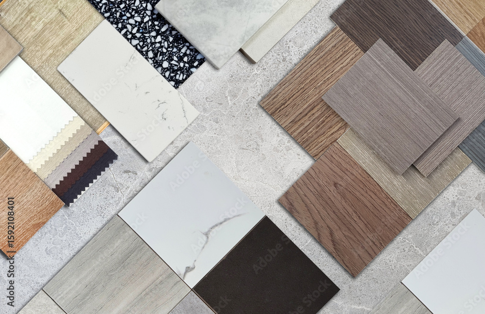 custom made wallpaper toronto digitalDiverse interior design material samples: wood veneer, laminate, marble, stone tile, terrazzo, fabric, artificial stone swatches placed on grey marble stone background. Wide selection for architects,