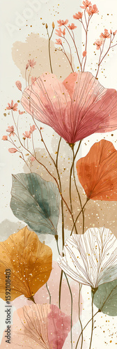 Watercolor poppies in pink and white with muted leaves, 2x6 print ready bookmark