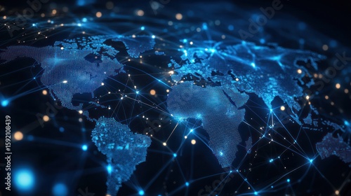 Global Connection: A mesmerizing, detailed illustration that highlights the interconnectedness of global networks across a world map, symbolized through radiant, glowing lines of light.