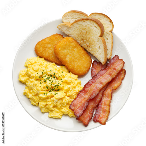 Plate of Scrambled Eggs, Bacon, Hash Browns and Toast for Breakfast