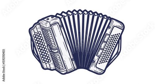 Accordion isolated on transparent background, hand-drawn musical instrument. Accordion includes bellows, keyboard and buttons, adding vintage charm. 