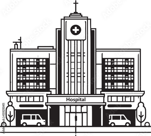Modern Hospital Building with Ambulances and Trees Vector Illustration