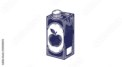 Fresh Apple juice box illustration against transparent background. Apple juice box displayed as simple package with white cap, label with apple.