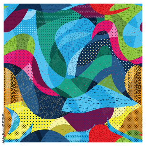 A vibrant abstract seamless print design, composition featuring flowing shapes in various colors and patterns, including different shape and type dots and textures background.