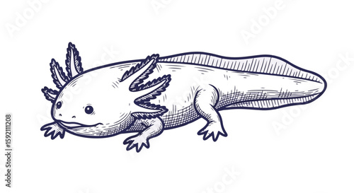 Hand drawn Axolotl in sketch style on transparent background, unique amphibian with feathery gills. Axolotl's adorable appearance makes it stand out.