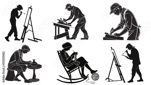 Vector set of arts and crafts hobby silhouettes and icons.