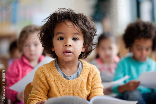 Multiethnic kids sitting in classroom reading, focus on engagement and expressions, 