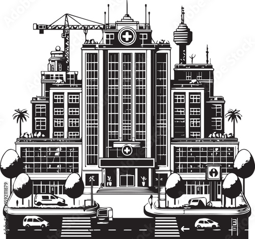 Modern Hospital Building with Ambulances and Trees Vector Illustration