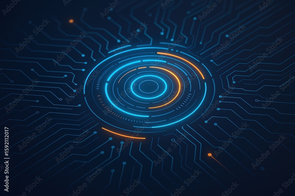 Fototapeta premium Futuristic digital interface with concentric circles and glowing circuit lines on dark background.