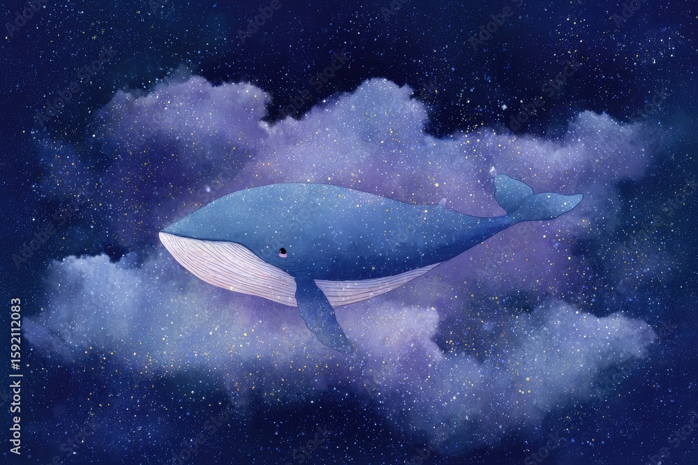 Fototapeta premium Whale floats in starry clouds