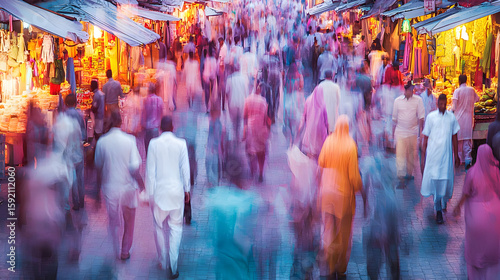 A bustling market scene, filled with a vibrant crowd of people.  Colorful clothing and stalls are visible.  Blurred motion creates a sense of energy and movement